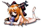  :p alcohol ankle_wrap arm_wrap ass bandages barefoot bottle bow face feet finger_to_face gourd hair_bow horn_ribbon horns ibuki_suika leg_wrap lying mochizuki_ado naughty_face nude on_stomach orange_hair ribbon sake solo tongue tongue_out touhou wrist_wrap yellow_eyes 