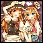  alice_margatroid blonde_hair blue_eyes braid capelet doll hat heart hinase_haruka kirisame_marisa multiple_girls one_eye_closed shanghai_doll striped striped_background touhou witch_hat yellow_eyes 