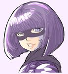  anti-earth_bomb bangs bared_teeth blue_eyes blunt_bangs bob_cut cape clenched_teeth face flat_chest from_side hit-girl kick-ass lips looking_at_viewer mask portrait purple_hair short_hair simple_background sketch solo squinting superhero teeth uneven_eyes white_background 
