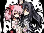  akemi_homura black_hair blush choker domon_kasshu g_gundam gloves gundam hairband kaname_madoka long_hair magical_girl mahou_shoujo_madoka_magica multiple_girls parody pink_eyes pink_hair puffy_sleeves purple_eyes r_85 rain_mikamura red_choker sekiha_love-love_tenkyoken shield short_twintails twintails white_gloves yuri 