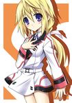  bare_legs belt blonde_hair charlotte_dunois hair_ribbon infinite_stratos isa_(ni-iro) long_hair ponytail purple_eyes ribbon school_uniform smile solo very_long_hair 