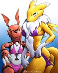  2005 bikini blue_eyes butt canine chest_tuft clothes digimon face_markings female fox guilmon highres karabiner male red renamon skimpy swimsuit tail yellow 