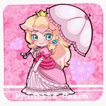  blonde_hair chibi crown dress long_hair mario_(series) parasol pink_dress pink_umbrella princess_peach solo super_mario_bros. umbrella yukimimi 