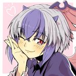  bad_id bad_pixiv_id blue_hair blush close-up closed_mouth face hands head_wings horns multicolored_hair one_eye_closed portrait red_eyes red_wings shiba_itsuki short_hair silver_hair simple_background single_head_wing smile solo tokiko_(touhou) touhou two-tone_hair wings 