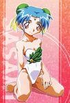  absurdres barefoot blue_hair blush character_name collarbone face facial_mark freckles hair_bun hair_ribbon hands highres leaf_print masaki_sasami_jurai one-piece_swimsuit oowada_naoyuki pink_background red_eyes ribbon scan sitting smile solo swimsuit tenchi_muyou! white_swimsuit 