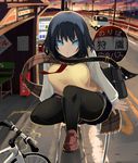  bag bicycle black_hair black_legwear blue_eyes bus_stop car ground_vehicle highres loafers motor_vehicle original overhead_line plaid plaid_scarf power_lines scarf school_bag school_uniform shiki_(psychedelic_g2) shoes short_hair solo squatting staring thighhighs train vending_machine 