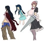  3girls ass black_hair breasts butt_crack coat drill erect_nipples francette from_behind gigantic_breasts green_eyes huge_breasts kaibutsu_oujo long_hair madeleine maid mermaid_(kaibutsu_oujo) mikasa multiple_girls pantyhose simple_background waku_jinpei 