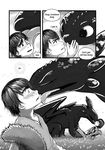  black_and_white comic dragon english_text feral gay grass greyscale hair hiccup hiccup_(httyd) how_to_train_your_dragon human kissing lando licking male mammal monochrome night_fury scalie text the_devil_you_know tongue toothless wings 