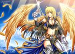  absurdres armor asymmetrical_clothes belt blonde_hair blue_eyes breasts cleavage cloud copyright_request day dual_wielding feathers gloves gradient_hair gun handgun highres holding large_breasts long_hair midriff mountain multicolored_hair navel pistol revolver single_pantsleg sky solo songwut_ouppakarndee weapon wings 