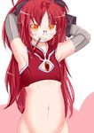  armpits arms_behind_head belly bespectacled bottomless flat_chest food glasses grin groin long_hair mad_(hazukiken) magical_girl mahou_shoujo_madoka_magica mouth_hold no_panties orange_eyes pocky ponytail red_hair sakura_kyouko smile solo stomach upper_body 