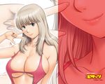  action_pizazz blue_eyes breasts cleavage large_breasts long_hair saigadou solo swimsuit v wallpaper zoom_layer 