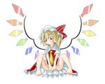  bacho barefoot blonde_hair feet flandre_scarlet full_body hat naughty_face necktie red_eyes side_ponytail simple_background solo touhou wings 