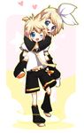  1girl blonde_hair blue_eyes blush brother_and_sister chikkuru detached_sleeves kagamine_len kagamine_rin one_eye_closed open_mouth ribbon short_hair siblings twins vocaloid 