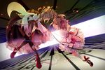  battle bow_(weapon) bubble_skirt dark_persona dual_persona duel grief_seed highres kaname_madoka kriemhild_gretchen kyubey magical_girl mahou_shoujo_madoka_magica multiple_girls occacia pink_eyes pink_hair shoe_ribbon shoes skirt spoilers tears twintails weapon 