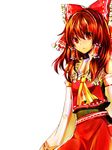  ascot bad_id bad_pixiv_id bow detached_sleeves frills hair_bow hair_ornament hakurei_reimu itamidome long_hair red_eyes red_hair simple_background solo touhou 