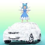 1girl :d barefoot blue_eyes blue_hair bow car cirno frozen ground_vehicle hair_bow hands_on_hips ice motor_vehicle on_vehicle open_mouth short_hair smile solo standing touhou toyota tsuyadashi_shuuji wings 