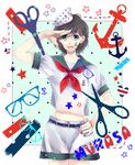  anchor azure_starblue bad_id bad_pixiv_id blue_eyes brown_hair hat heart multicolored multicolored_nails murasa_minamitsu nail_polish neckerchief sailor salute scissors short_sleeves shorts solo star tattoo touhou 