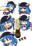  blue_hair blush bow chibi dress female food fruit hat hinanawi_tenshi open_mouth peach poke poking pout red_eyes saliva shoe shoes sweatdrop tears touhou translation_request 