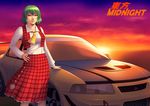  ascot car flower green_hair ground_vehicle kazami_yuuka mitsubishi_lancer_evolution mitsubishi_motors motor_vehicle parody plaid plaid_skirt plaid_vest red_eyes short_hair skirt skirt_set solo touhou tripleeight vest wangan_midnight 