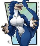  anthro archaeopteryx big_breasts blue_feathers breasts claws dinosaur feathers female green_eyes hybrid looking_at_viewer muscles naturally_censored navel nude pinup pose raptor reptile scalie sharp_teeth shyla smile solo standing strong_hands tail teeth thighs tongue walter_sache wide_hips 