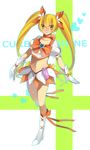  blonde_hair boots bow character_name choker cure_sunshine gloves hair_ribbon heart heartcatch_precure! kamihara_(raum) knee_boots long_hair magical_girl midriff myoudouin_itsuki navel orange_bow orange_choker orange_skirt precure ribbon skirt solo standing standing_on_one_leg twintails yellow_eyes 