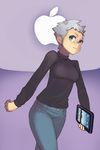  apple_inc. denim genderswap genderswap_(mtf) glasses green_eyes ipad jeans pants pince-nez real_life real_life_insert silver_hair solo steve_jobs tablet_pc turtleneck yuksi 