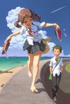  1girl aoi_sora_(pairan) bag balancing barefoot brown_hair cloud condensation_trail day jpeg_artifacts ocean original pairan pleated_skirt school_uniform skirt sky smile twintails 