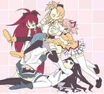  akemi_homura black_hair blonde_hair cowgirl_position drill_hair girl_on_top groping hiroto_ayuzu kaname_madoka long_hair magical_girl mahou_shoujo_madoka_magica miki_sayaka multiple_girls pantyhose pink_hair ponytail red_eyes red_hair sakura_kyouko school_uniform short_hair short_twintails skirt skirt_lift straddling thighhighs tomoe_mami twintails you_gonna_get_raped yuri 