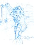  &hearts; aimee aimee_major bikini blue feline female looking_at_viewer monochrome shower sketch skimpy solo tiger wet_fur 