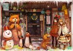  akabane_(zebrasmise) bird black_legwear blonde_hair boots bow brown_eyes brown_hair coat fish frilled_skirt frills giraffe hair_bow highres md5_mismatch multiple_girls original pantyhose penguin pleated_skirt scarf shawl skirt snowman yellow_eyes 