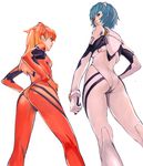  ass ayanami_rei bangs blue_eyes blue_hair bodysuit bracer clenched_hand closed_mouth from_behind from_below from_side gloves hair_between_eyes hand_on_hip hands_on_hips headgear highres kiyohisa kneepits legs_apart long_hair looking_at_viewer looking_back looking_to_the_side multiple_girls neon_genesis_evangelion orange_hair pale_skin parted_lips pilot_suit plugsuit profile red_eyes short_hair simple_background sketch skin_tight souryuu_asuka_langley standing two_side_up white_background white_bodysuit 