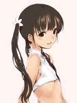  :d bangs black_hair brown_eyes covered_nipples crop_top eyelashes flat_chest from_side hair_ornament hair_over_shoulder kawata_hisashi long_hair looking_at_viewer midriff navel open_mouth original sleeveless slender smile solo tan twintails upper_body 