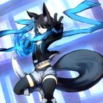  animal_ears bad_id bad_pixiv_id belt bike_shorts black_hair blue_eyes blue_fire blue_scarf clenched_hand fire fox_ears fox_tail ganesagi gloves highres long_sleeves nanashi_(ganesagi) open_mouth original scarf short_hair short_shorts shorts solo tail thighhighs 