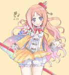  atelier_(series) atelier_meruru bloomers blue_eyes blush bow brown_hair cape coat crown flower half_updo happy kamoto_tatsuya long_hair merurulince_rede_arls multicolored multicolored_cape multicolored_clothes rainbow red_bow ribbon skirt solo star underwear wand white_bloomers yellow_background 