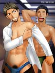  2boys :d abs black_hair blonde_hair blush brown_eyes bulge clenched_teeth club_z dark_hair dressing frown grey_hair locker locker_room lockers male male_focus matching_hair/eyes multiple_boys muscle nipples open_clothes open_mouth open_shirt pubic_hair school shirt smile standing teeth underwear white_shirt yaoi 