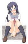  aragaki_ayase black_hair blue_eyes blush covering long_hair odayan ore_no_imouto_ga_konna_ni_kawaii_wake_ga_nai school_uniform serafuku solo surprised 