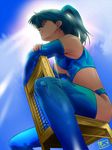  bad_id bad_pixiv_id blue_eyes blue_hair breasts chair day from_below latex_legwear light_rays medium_breasts mots original shiny shiny_clothes sitting sitting_backwards sky solo sun sunbeam sunlight thighhighs 