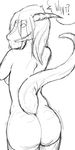  2009 black_and_white breasts butt dialogue dragon english_text female hair herro horns kira looking_at_viewer looking_back monochrome nude raised_tail reptile scalie side_boob sketch solo tail 