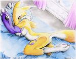  2005 bed breasts canine chest_tuft claws digimon elbow_gloves eyes_closed face_markings female fox lady_owl pillow renamon tail yellow 