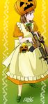  brown_eyes brown_hair dress gradient gradient_background green_background gun hat original pumpkin pumpkin_hat rifle sentape short_hair solo weapon yellow_background 