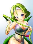  blue_eyes blush breasts cleavage female final_fantasy final_fantasy_v gradient gradient_background green_hair highres leotard magissa open_mouth short_hair sneezy solo whip 