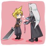  blonde_hair blue_eyes box_of_chocolates buster_sword chocolate cloud_strife commentary_request dissidia_final_fantasy final_fantasy final_fantasy_vii gift gloves haro_27 heart long_hair male_focus multiple_boys sephiroth silver_hair spiked_hair sword valentine weapon yaoi 