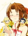  2boys aerith_gainsborough black_hair blonde_hair blue_eyes braid brown_hair closed_eyes cloud_strife cosplay final_fantasy final_fantasy_vii flower gen_1_pokemon hair_ribbon kingdom_hearts long_hair meru miniboy multiple_boys pikachu pikachu_(cosplay) pokemon ponytail ribbon scar single_braid zack_fair 