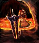  akikan_(watashi_no_sekai) helper_(armor) huge_weapon long_hair molten_rock monster_hunter one_eye_closed red_eyes red_hair solo sword underground weapon wiping_forehead 