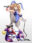  1girl animal_ears bad_id bad_pixiv_id blonde_hair bunny_ears bunnysuit clown curly_hair dragon_quest dragon_quest_iii femdom highres jester_(dq3) masayan_(minor-ms) pantyhose 