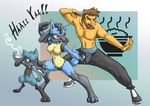  anthro bittenhard blue bowl breasts chopsticks female food human lucario male pok&eacute;mon pok&eacute;morph pose pubic_tuft red_eyes rice riolu standing tail 