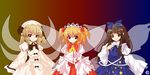 alphes_(style) blonde_hair bow brown_hair dress fairy hair_bow hat headdress kaoru_(gensou_yuugen-an) luna_child multiple_girls parody ribbon short_hair short_twintails simple_background smile star star_sapphire style_parody sunny_milk touhou twintails wings 