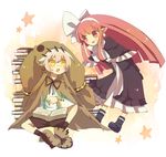  1girl bad_id bad_pixiv_id black_capelet book capelet demon_girl disgaea dress glasses hair_ribbon hairband headband long_hair mage_(disgaea) pointy_ears red_eyes red_hair ribbon skull_(disgaea) white_hair yellow_eyes yomicol 