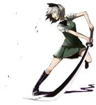  bad_id bad_pixiv_id black_hairband boots foreshortening go-m green_eyes hairband highres katana konpaku_youmu open_mouth short_hair silver_hair slashing solo sword touhou vest weapon 