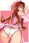  1girl artist_request ass bent_over big_ass blush breasts brown_eyes brown_hair camel_toe cameltoe cum cum_on_ass cum_on_body cum_on_clothes cum_on_lower_body curvy from_behind glasses highres huge_ass large_breasts leaning leaning_forward lingerie long_hair look_back looking_back matsu_(sekirei) on_underwear panties pov presenting pussy sekirei shiny skirt skirt_lift solo thighs underwear upskirt white_panties 